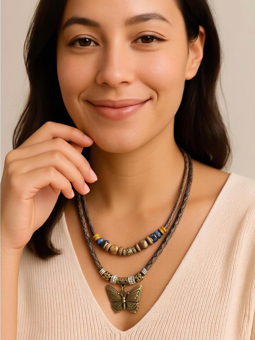 Layered Braided Necklace with Bronze Butterfly Pendant in Brown & Blue
